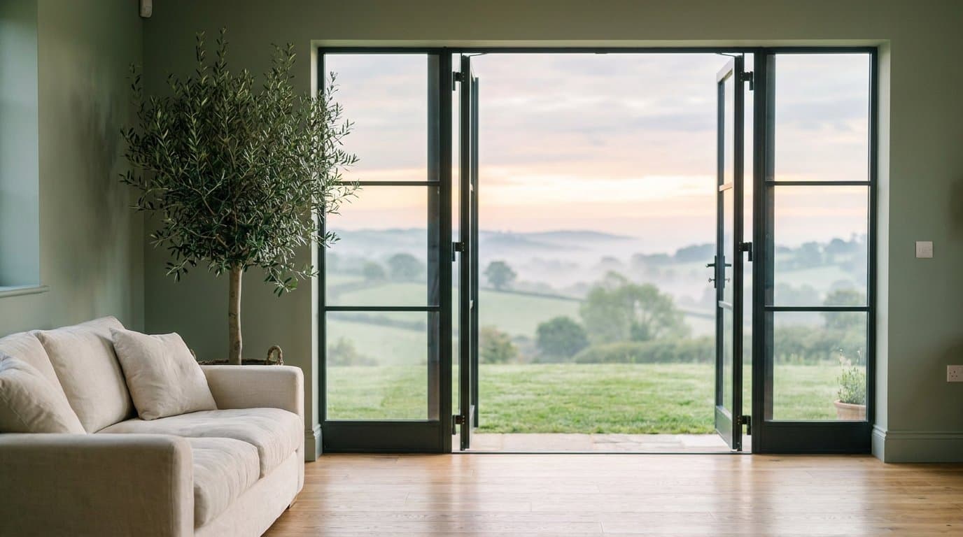 A calm sage-walled living room with a cream linen sofa and an olive tree, its glass doors open onto misty green hills at dawn