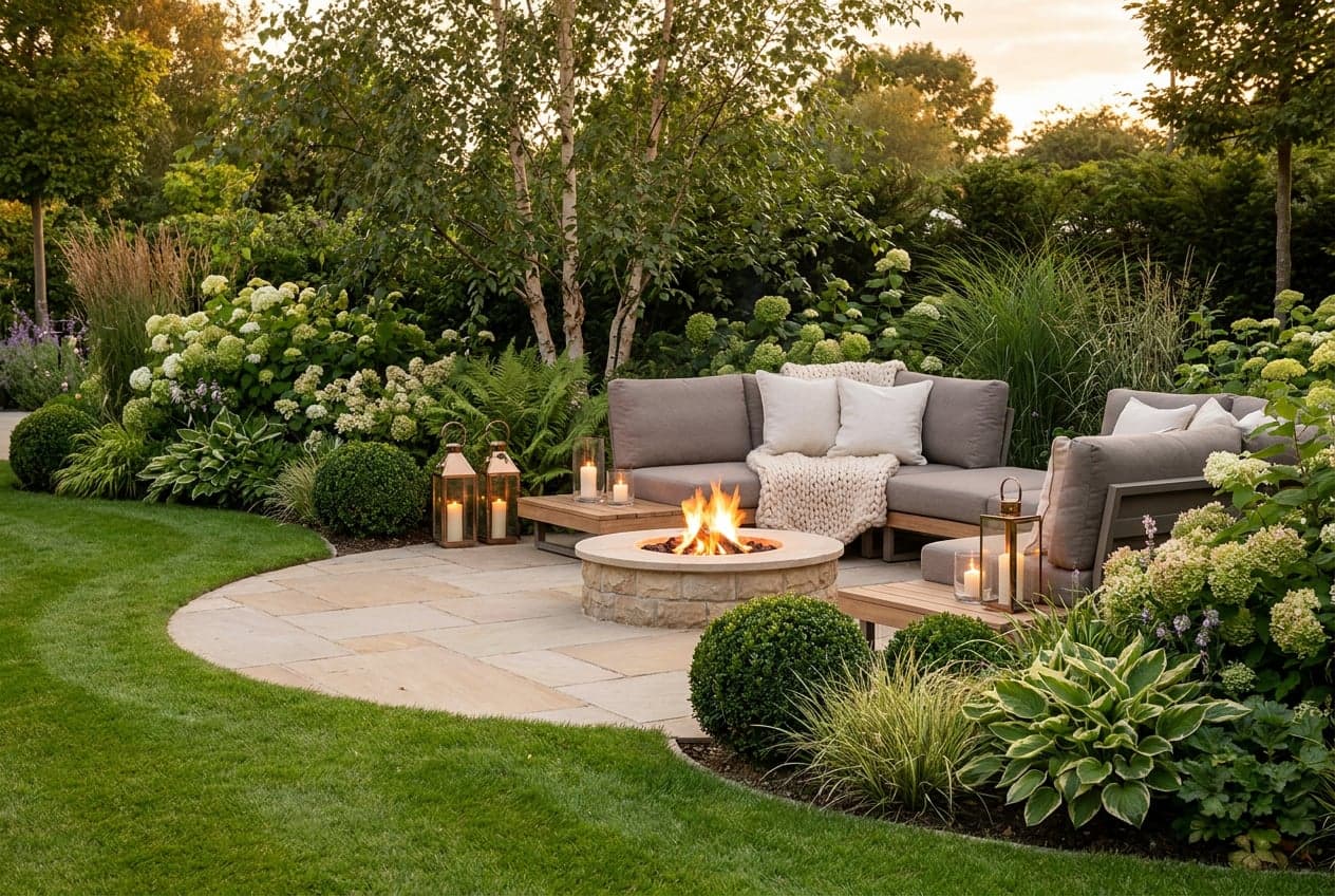 Concept visual of an outdoor lounge with a lit stone firepit, weatherproof sofas with cream cushions, lanterns, hydrangeas, ferns and grasses beside a curved lawn