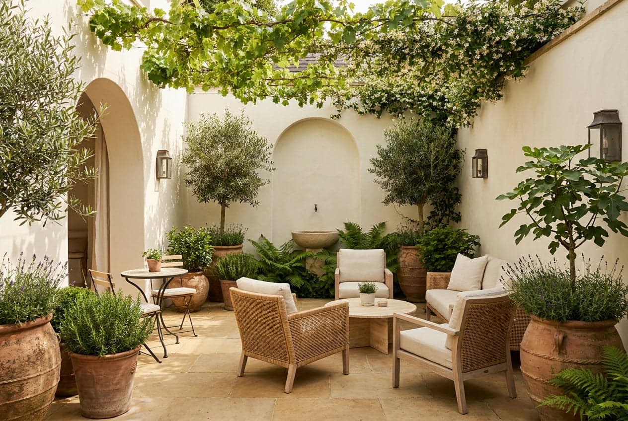 Concept visual of a shaded Mediterranean courtyard terrace with lime-washed walls, an arched opening, a grape vine canopy, rattan seating, terracotta pots of olive, rosemary and fig