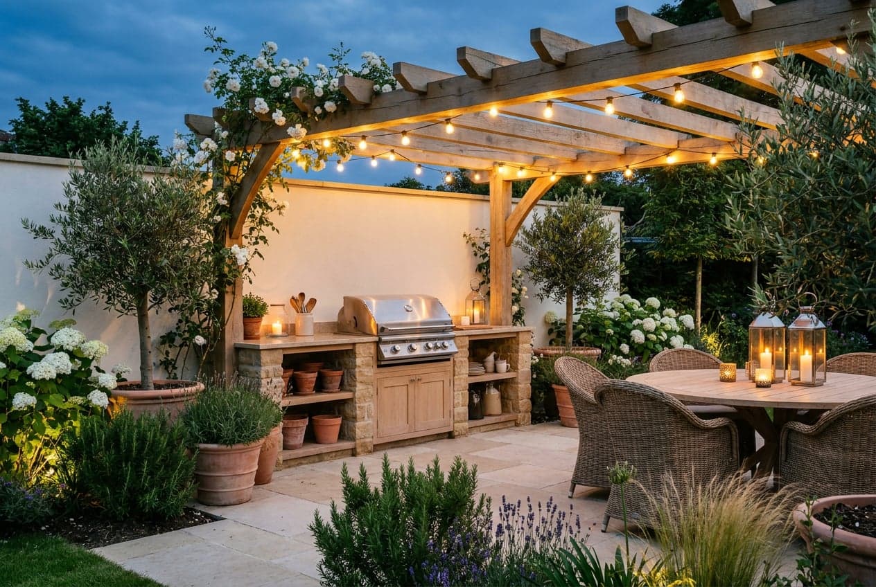 Concept visual of an outdoor kitchen at dusk with a built-in barbecue in warm stone, an oak pergola with climbing roses and festoon lights, a round table with rattan chairs, hydrangeas and potted olives