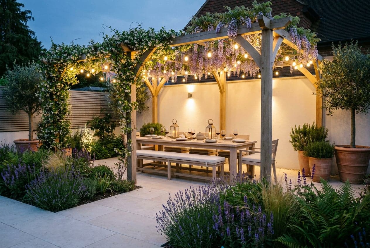 Concept visual of an outdoor dining terrace under an oak pergola at dusk, with wisteria overhead, festoon lights, a long table with linen cushions, lavender beds and potted olives