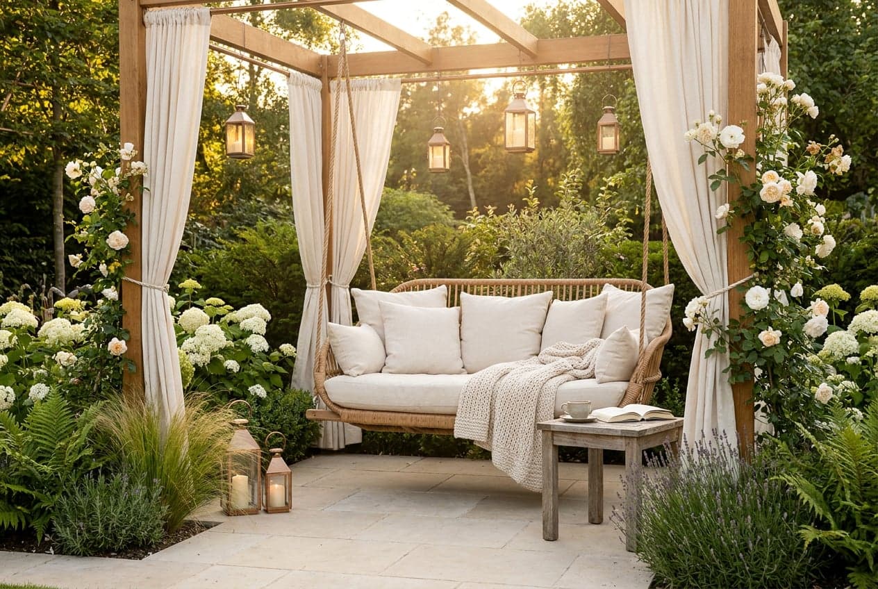 Concept visual of a garden swing seat with cream cushions under a timber frame with linen curtains and hanging lanterns, surrounded by white hydrangeas, roses, ferns and lavender