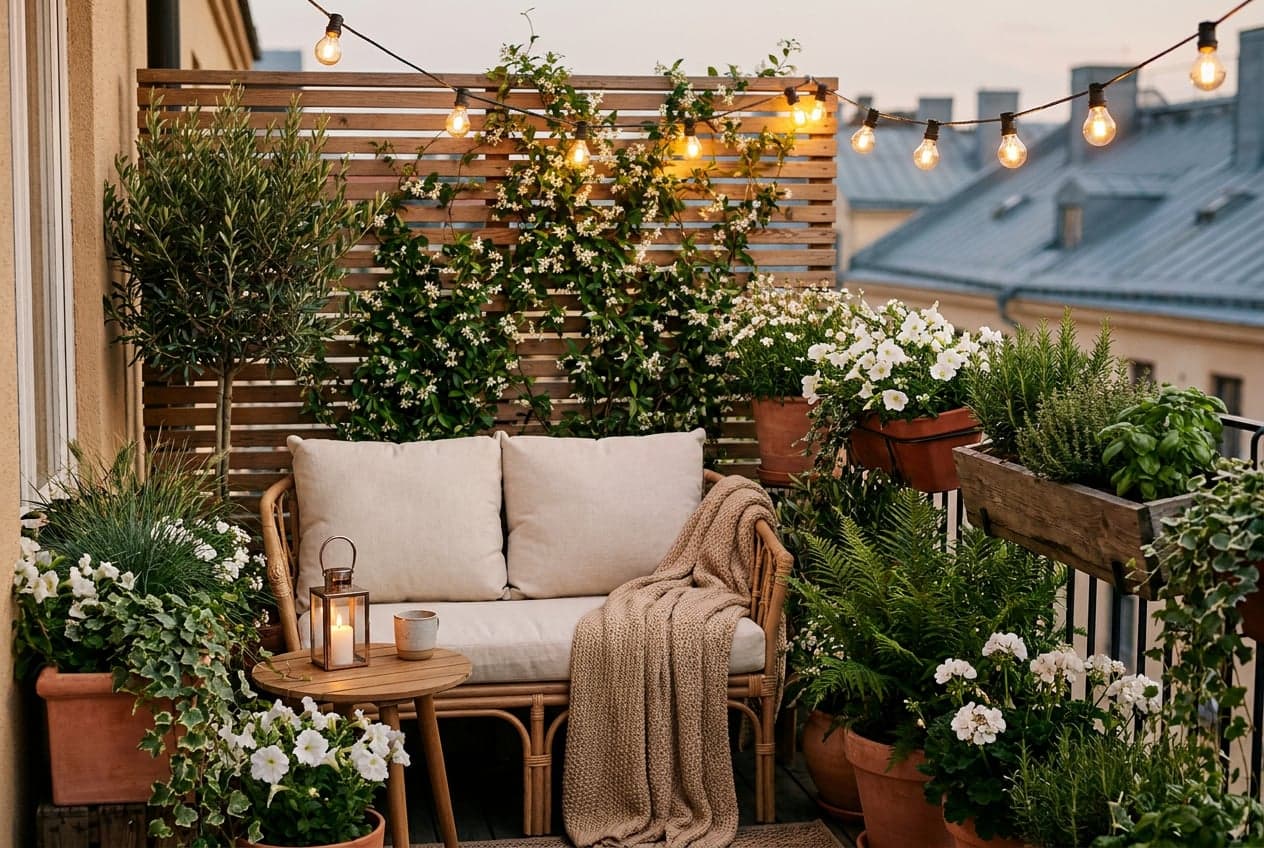 Concept visual of a balcony at dusk with a rattan two-seater, cream cushions, festoon lights, a slat screen with jasmine, a potted olive tree, ferns, grasses and a herb trough
