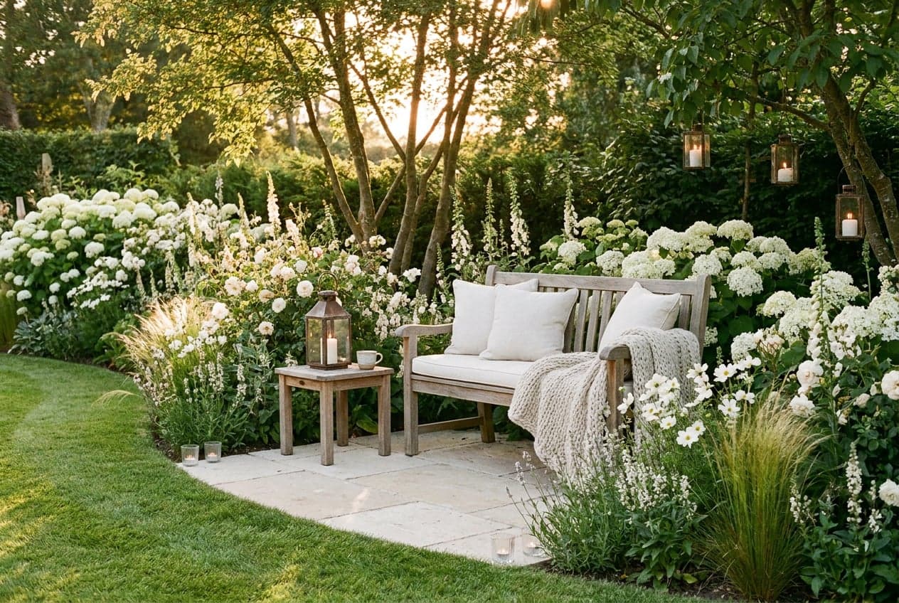 Concept visual of deep flower borders full of white hydrangeas, roses, foxgloves and grasses around a small stone terrace with a teak bench, cream cushions and lanterns