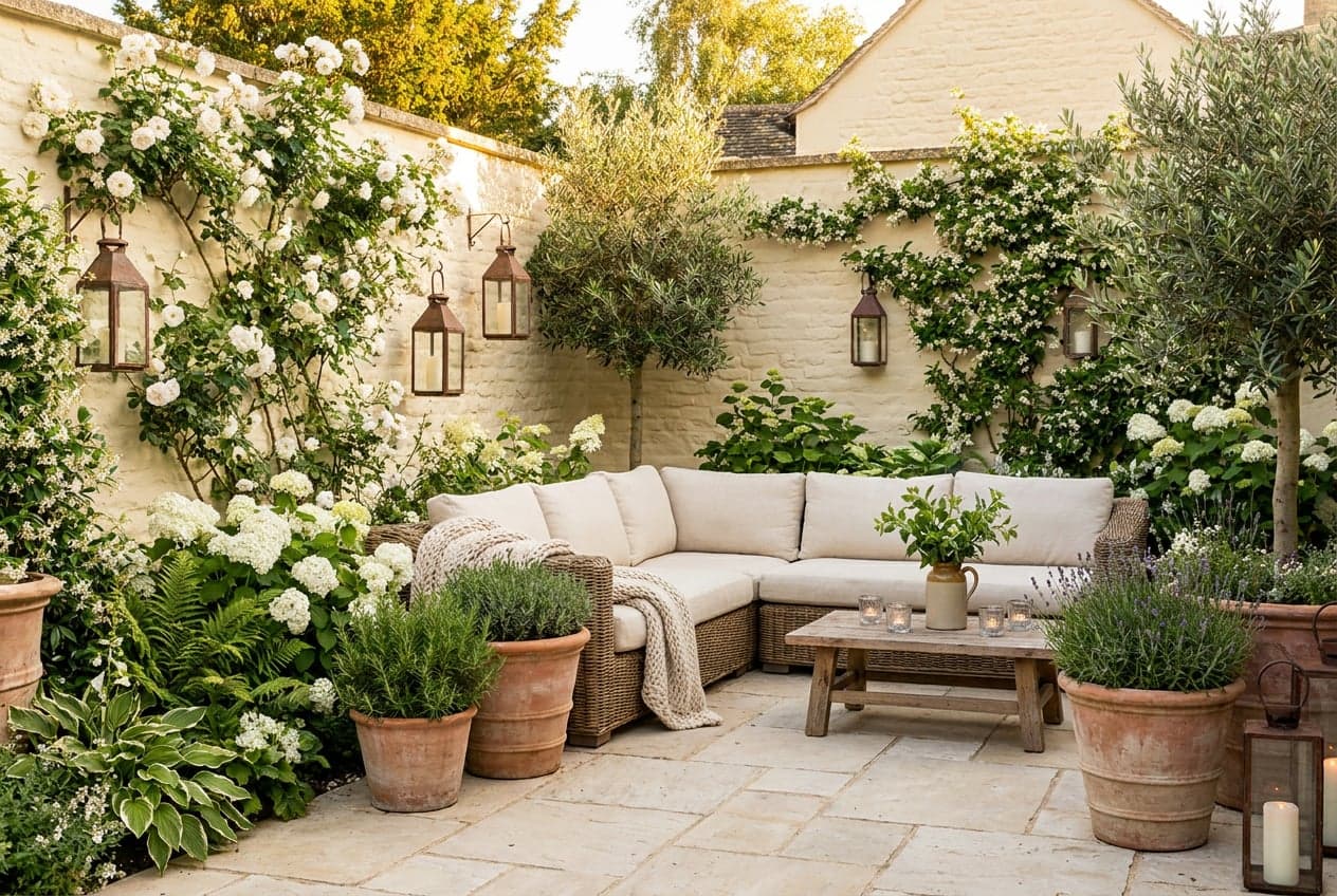 Concept visual of a walled courtyard with lime-washed cream walls, climbing white roses, a rattan sofa with cream linen cushions, wall lanterns, terracotta pots of olive and lavender, and white hydrangeas