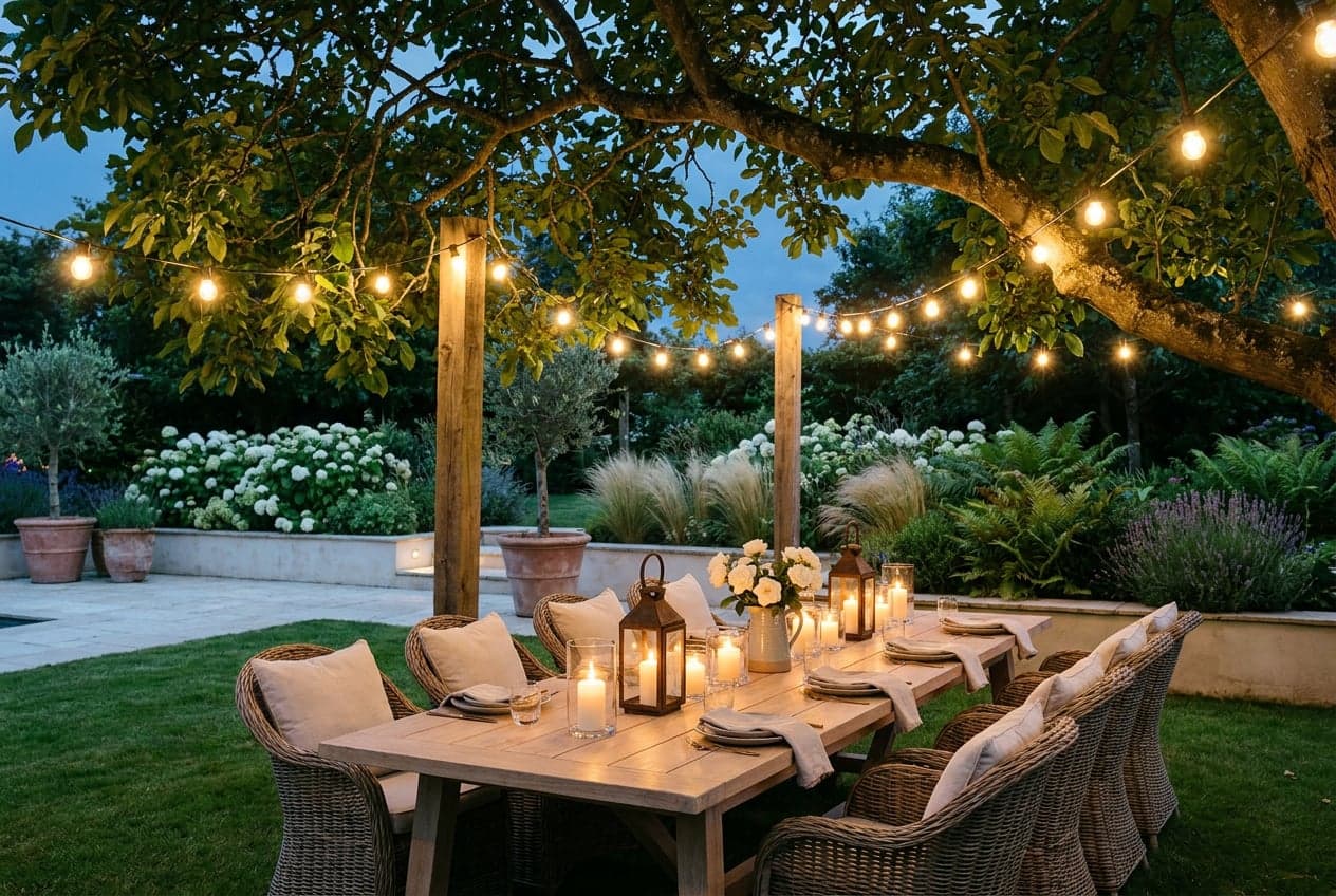 Concept visual of a long table with rattan chairs set on a lawn beneath a mature tree, lit by festoon lights and candles, with white hydrangeas, grasses and potted olives behind