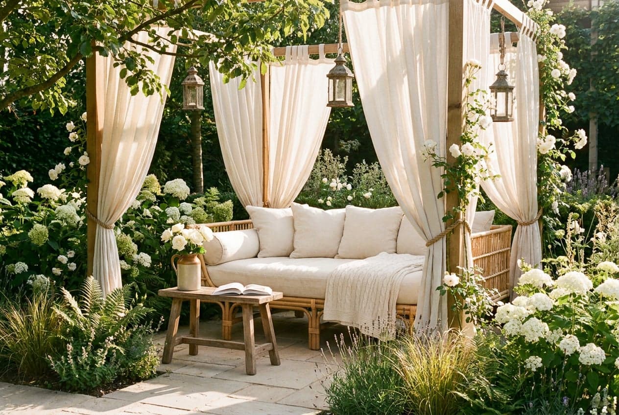 Concept visual of a rattan garden daybed with cream cushions under a timber frame hung with linen curtains and lanterns, surrounded by white hydrangeas, ferns and climbing roses