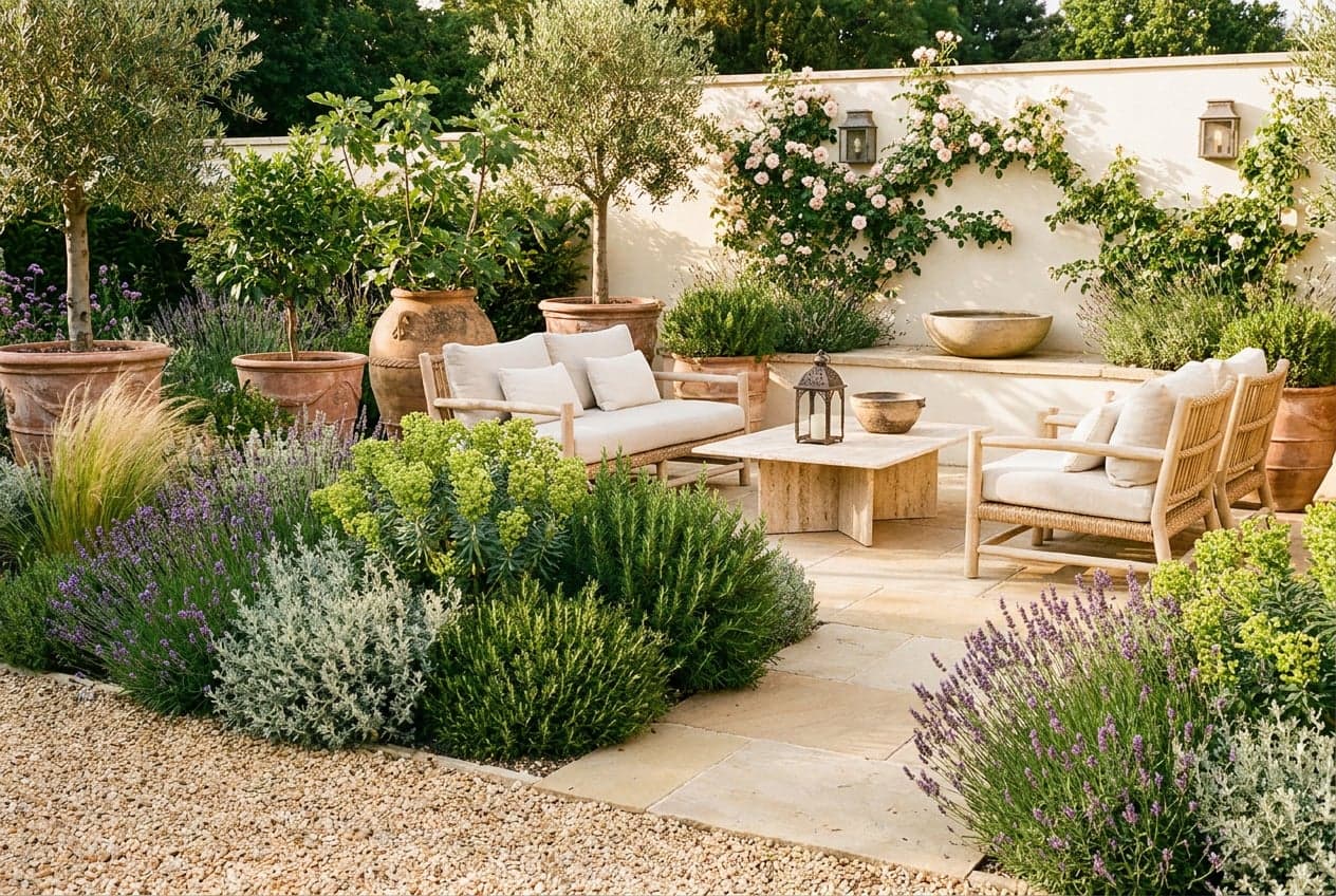 Concept visual of a sun-baked gravel terrace with lavender, santolina and rosemary, terracotta pots of olive and fig, low rattan seating with cream cushions and a stone water bowl