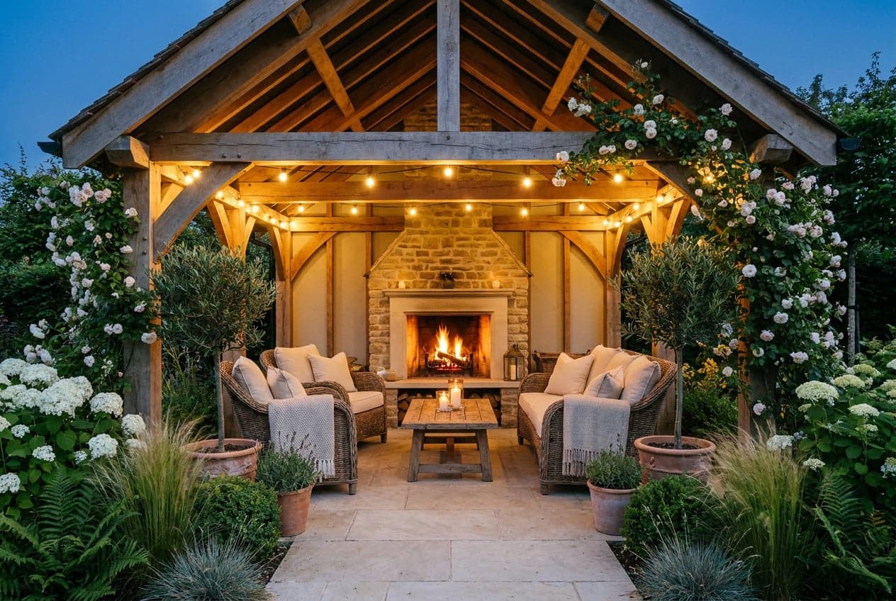 Concept visual of a timber-framed open-sided garden room with a lit stone fireplace, rattan seating with cream cushions, festoon lights, white hydrangeas and climbing roses