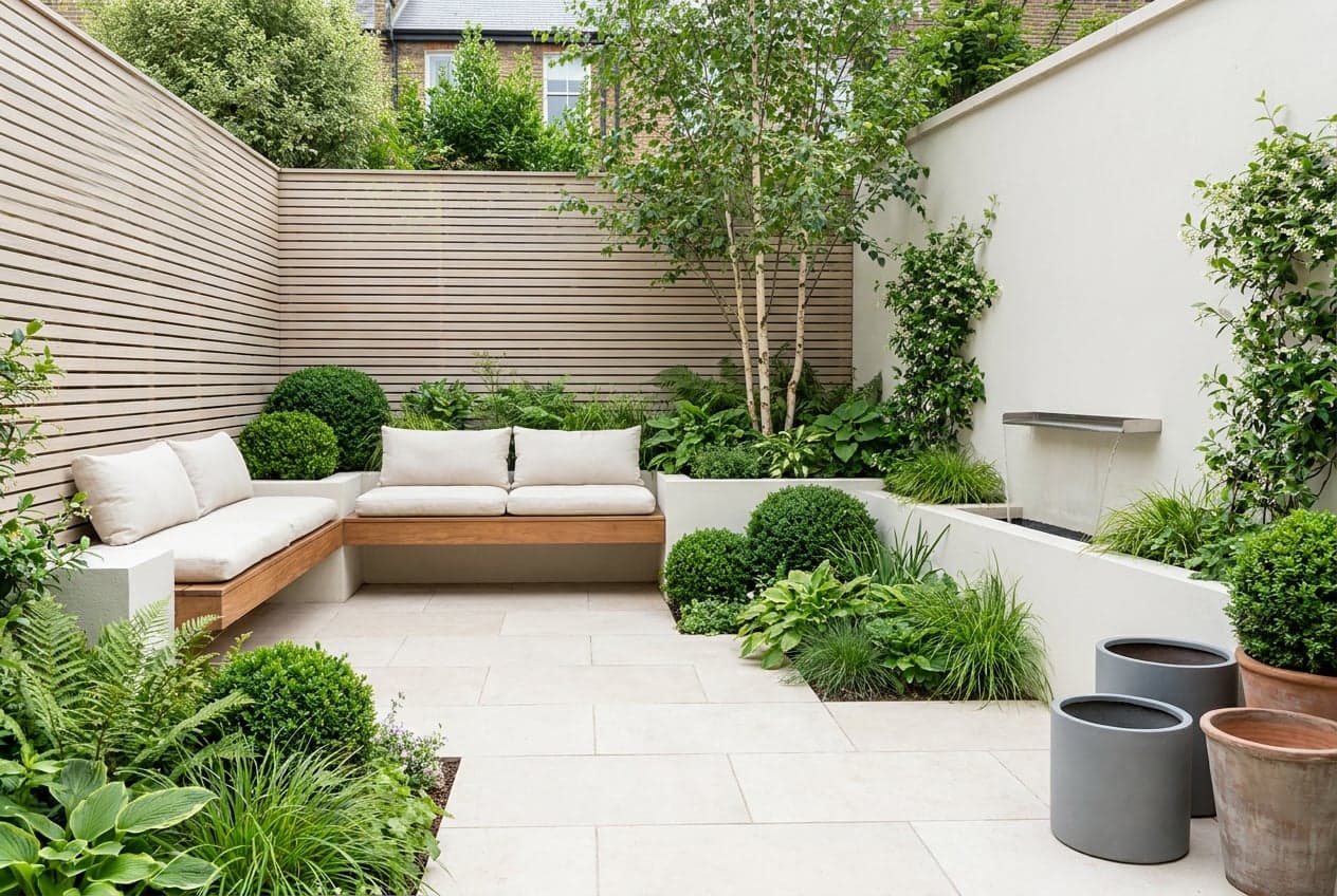 A modern courtyard garden with pale limestone paving, a built-in timber bench with cream cushions, timber slat screening and raised beds full of ferns, hostas, grasses and clipped box