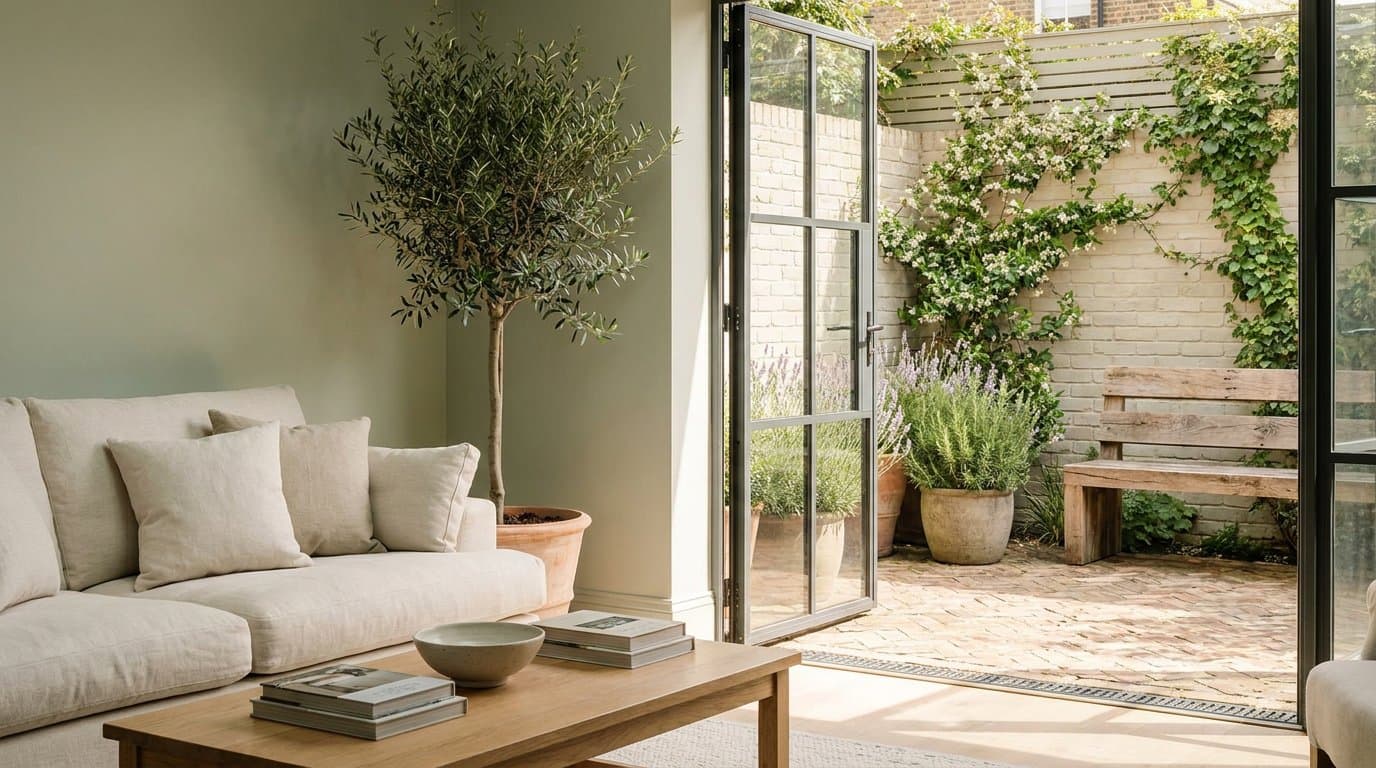 Concept visual of a calm living room with a sage green wall, cream linen sofa and olive tree, opening through glass doors onto a planted courtyard garden with a timber bench, lavender and rosemary