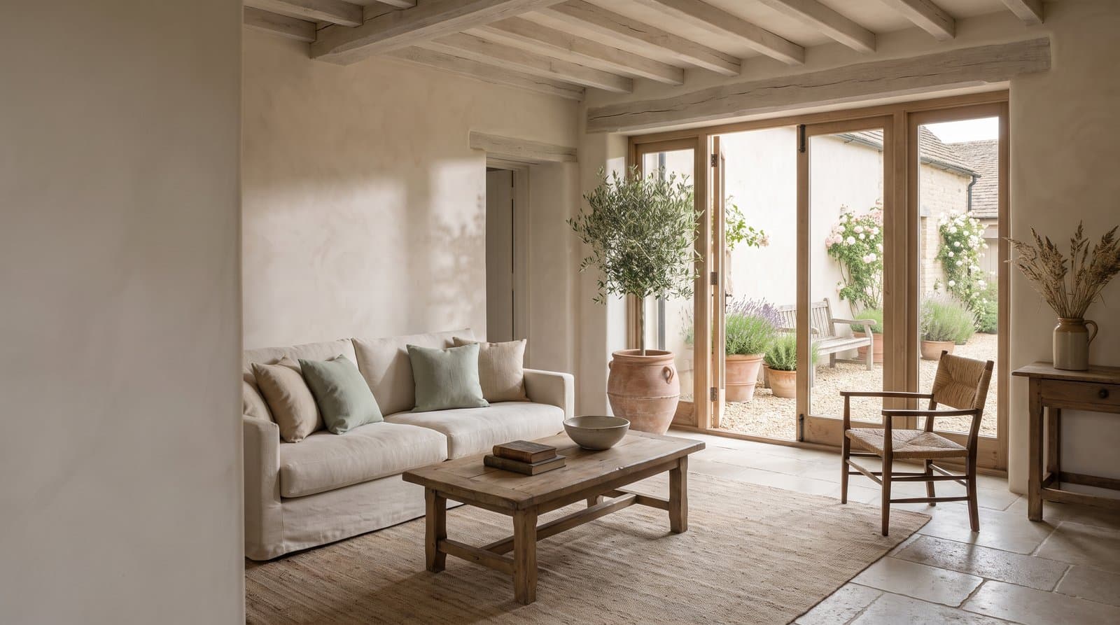 Concept visual of a rustic luxury farmhouse living room with limewashed walls, pale oak beams, a cream linen sofa with sage and oat cushions, an old oak coffee table on a jute rug, stone flag floors and an olive tree in terracotta, opening through oak-framed glass doors onto a gravel courtyard with lavender, climbing roses and a timber bench