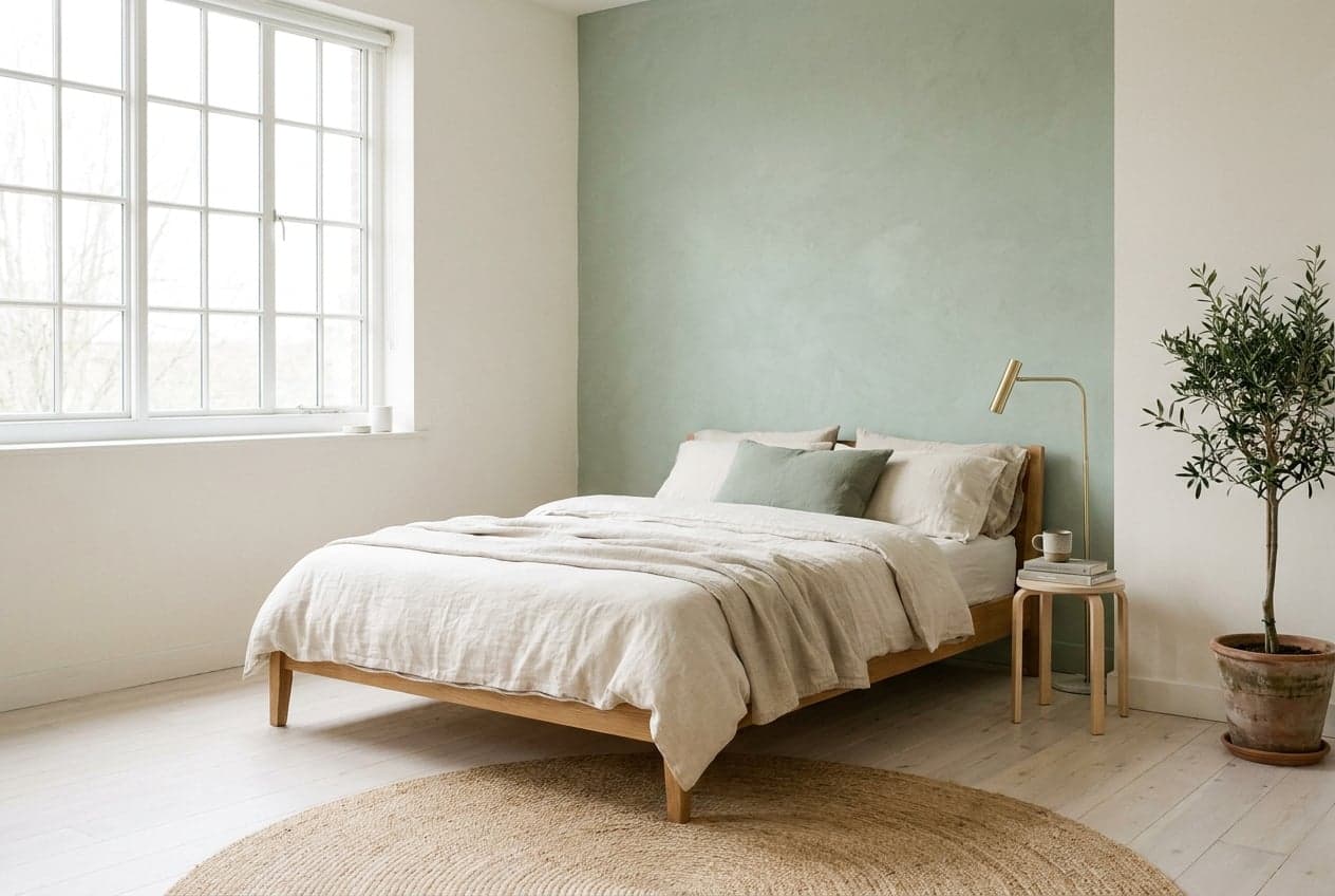 Concept visual for a calm Scandinavian and Japandi bedroom with a sage green wall, oak bed, cream linen bedding, a jute rug and an olive tree
