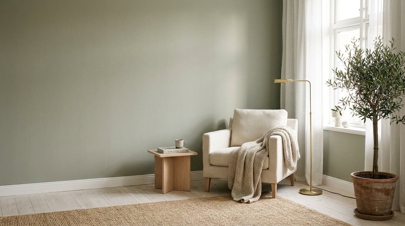 Concept visual of a calm sage-green living room corner with a cream linen armchair, a chunky knit throw, a brass reading lamp and an olive tree by the window
