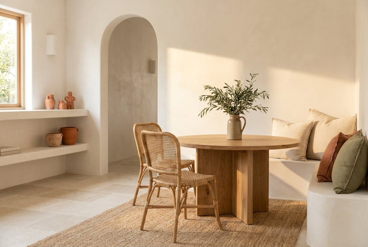 Concept visual of a warm modern Mediterranean dining nook with lime-washed plaster, an arched niche, an oak table, rattan chairs and terracotta pots
