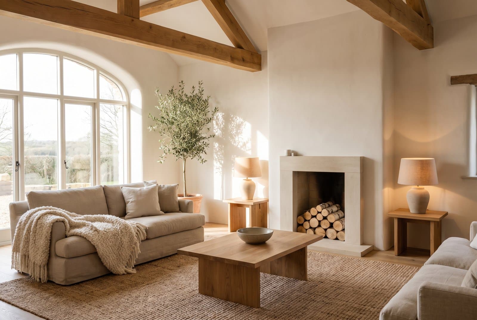 Concept visual of a light modern rustic living room in a barn conversion, with exposed oak beams, chalky white walls, an oatmeal linen sofa with a chunky wool throw, a jute rug, a low oak coffee table, a plain stone fireplace with stacked logs, linen lamps and an olive tree in a terracotta pot