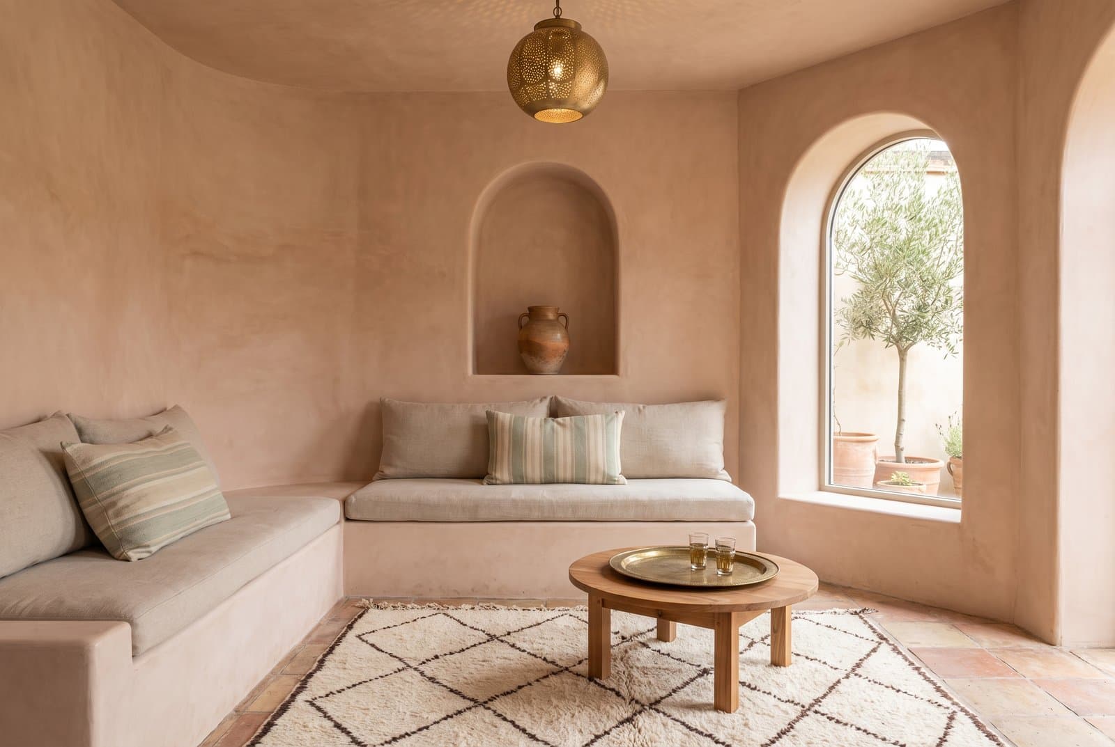 Concept visual of a calm Moroccan-inspired sitting room with warm clay plaster walls, an arched niche with a clay pot, a built-in plaster bench with linen and striped cushions, a cream wool rug with a dark diamond pattern, a low wooden table with a brass tray and tea glasses, a pierced brass lantern and an arched window onto an olive tree