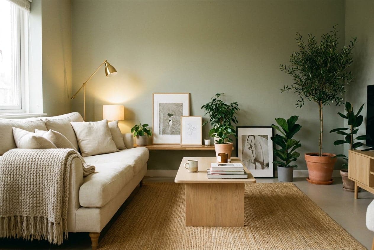A cosy rented living room made personal without any permanent changes: a cream linen sofa, a jute rug over plain flooring, warm lamplight, potted plants and framed art leaning on a shelf