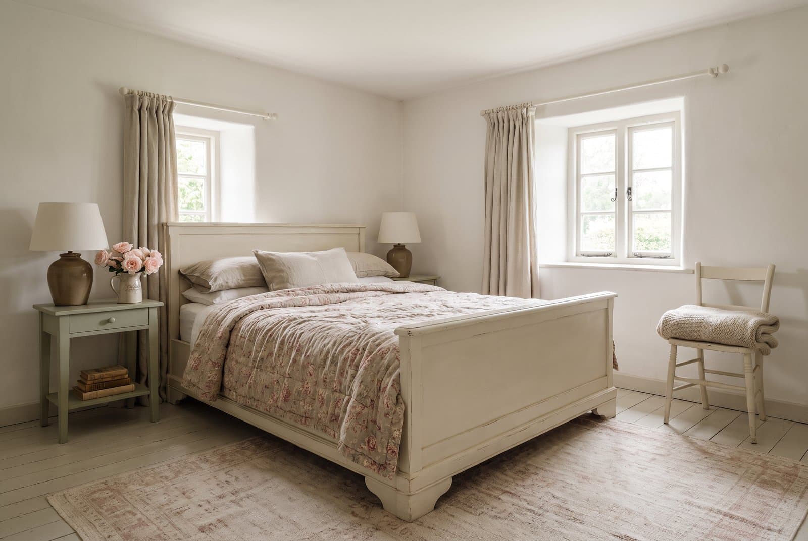 Concept visual of a calm shabby chic cottage bedroom with soft white walls, a cream painted wooden bed with a faded rose floral quilt, a sage painted bedside table with a stoneware lamp and garden roses in a jug, linen curtains, pale painted floorboards and a painted chair with a wool blanket