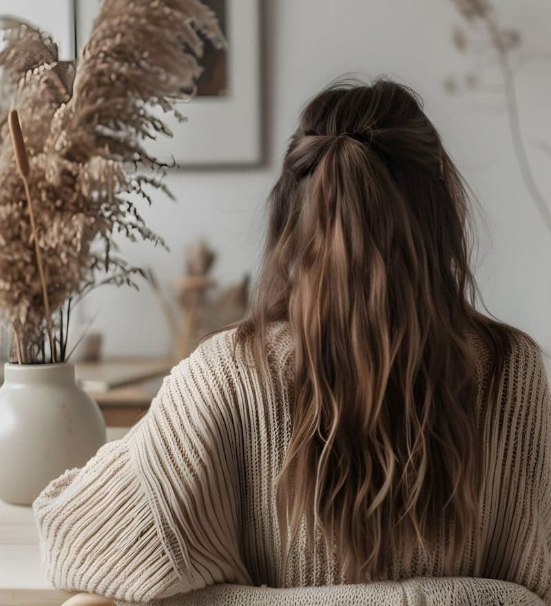 Rachel Hannah at her desk, seen from behind in a cream knit cardigan, beside dried grasses in a stoneware vase