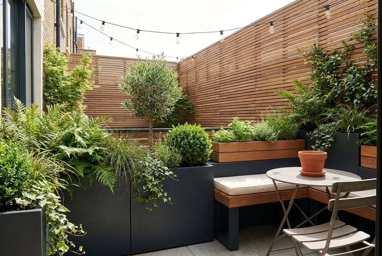 A modern balcony garden with slim charcoal planters and timber troughs full of ferns, grasses, a compact olive tree and herbs, a slat privacy screen and festoon lights