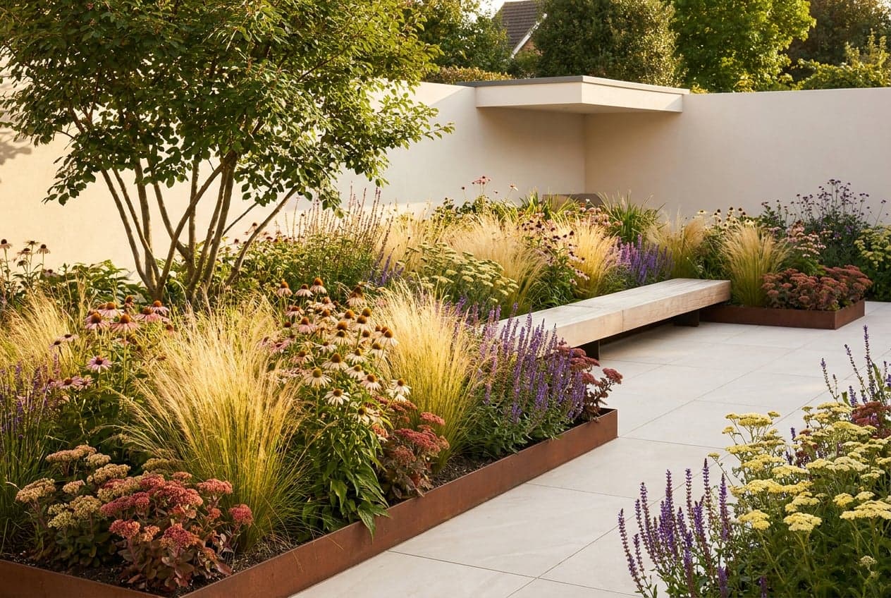 A modern naturalistic garden with steel-edged beds of ornamental grasses, echinacea and salvia, large pale paving and a slim timber bench