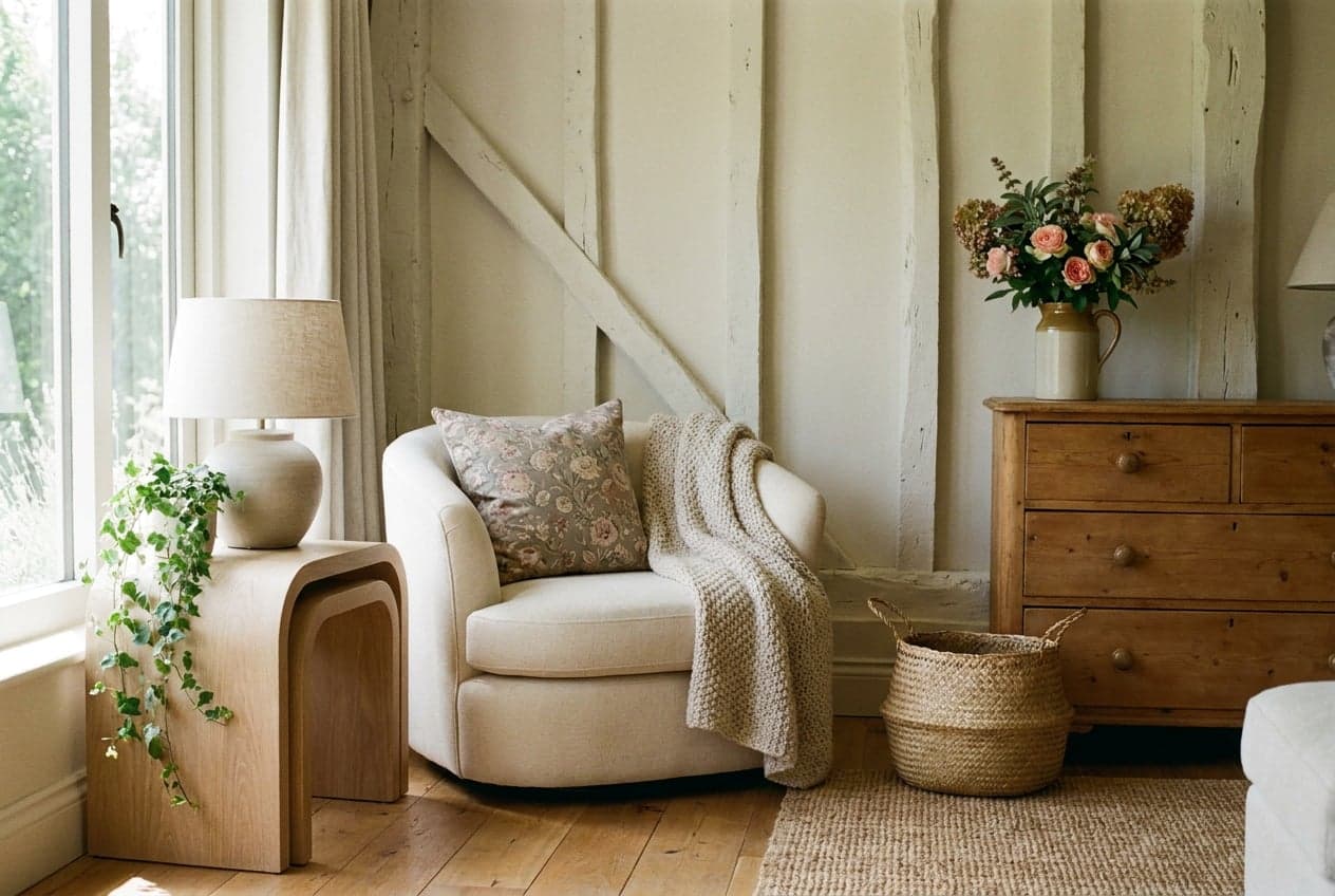 Concept visual of a soft, homely living space with a curved cream armchair, a floral cushion, an aged pine dresser, garden flowers in a stoneware jug and a jute rug