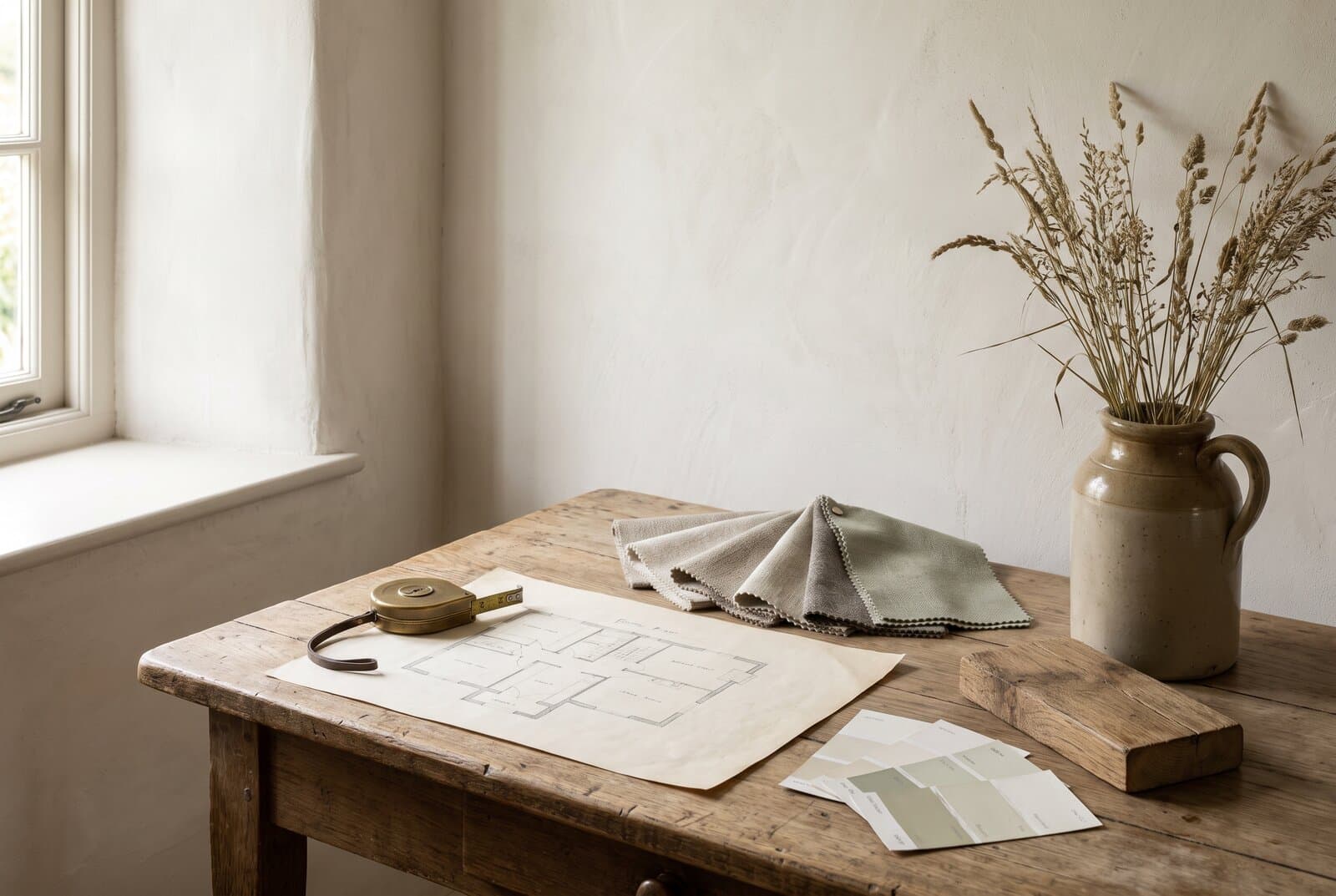 Concept visual of an old oak table by a deep-set window, with a hand-drawn floor plan, a brass tape measure, a fan of linen swatches in oat and sage, paint sample cards, an oak offcut and a stoneware jug of dried grasses