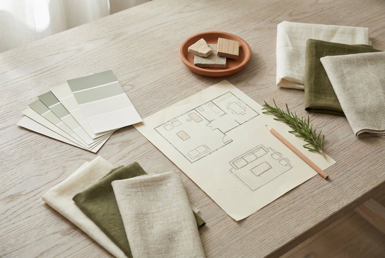 A concept board laid out on a pale oak desk: sage green paint cards, folded cream and sage fabric swatches, a floor plan drawn in pencil, a sprig of rosemary and a terracotta dish of material samples