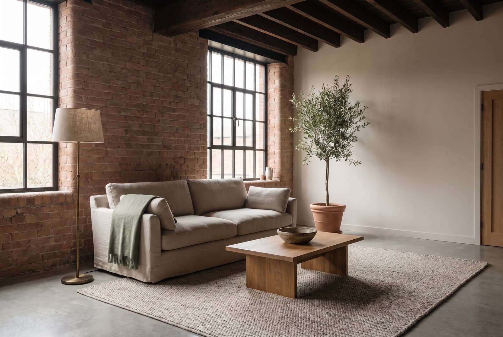 Concept visual of a softened industrial living space with an exposed brick wall, tall steel-framed windows, timber beams and a concrete floor, warmed by a wool rug, an oatmeal linen sofa with a sage throw, an oak coffee table, a brass floor lamp and an olive tree in a clay pot
