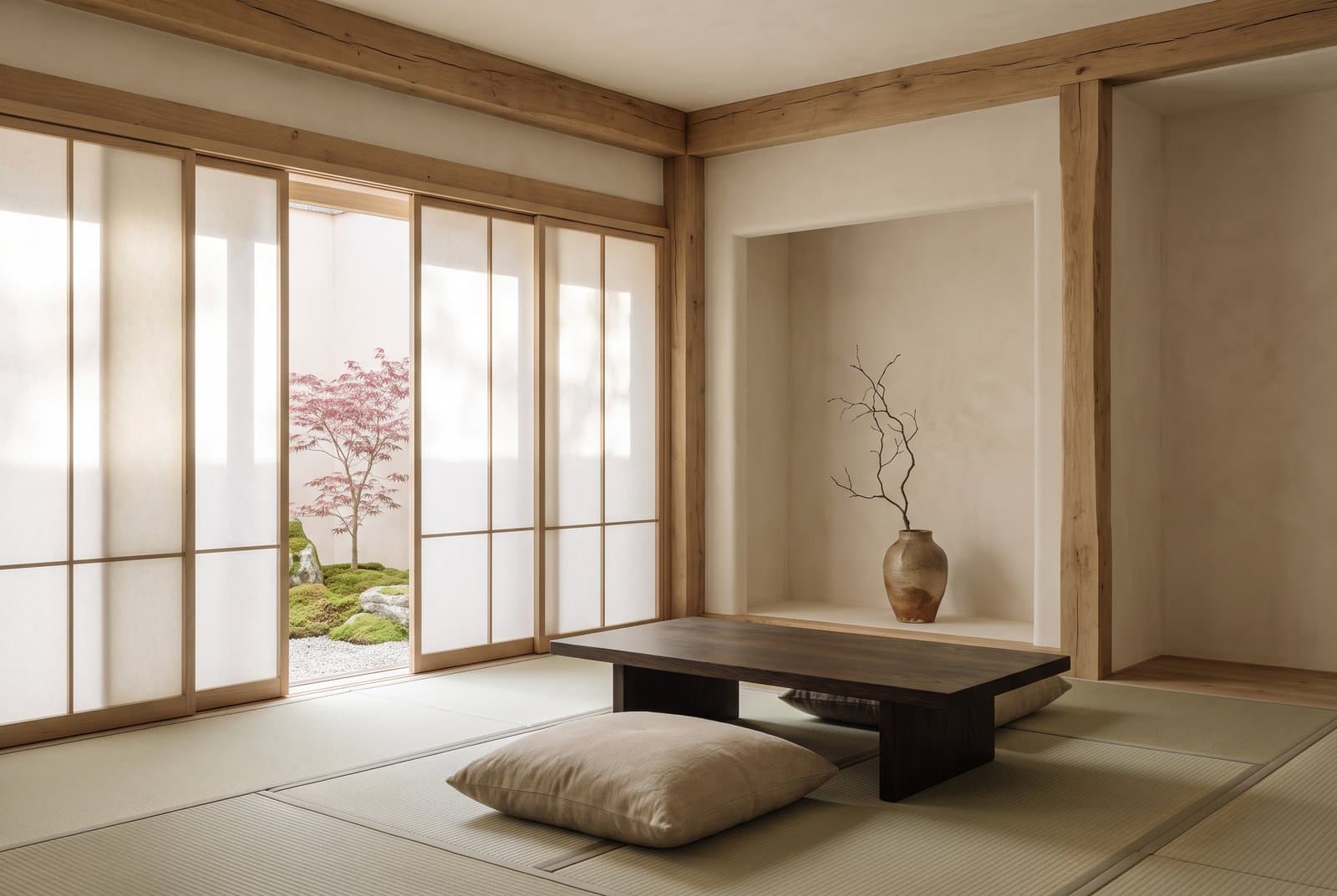 Concept visual of a calm Japanese room with paper screens, pale oak posts, rush mats, a low dark wooden table with linen floor cushions, an alcove holding one stoneware vase with a bare branch, and a glimpse of a moss garden with a red acer