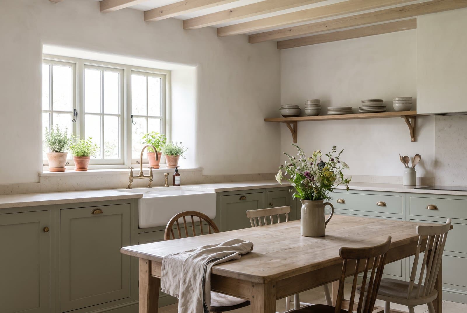 Concept visual of a calm farmhouse kitchen with limewashed walls, pale oak beams, sage green shaker cabinets with brass cup handles, a white ceramic sink with a brass bridge tap, an oak shelf of stoneware, a long scrubbed table with spindle chairs and herbs in terracotta pots on the windowsill