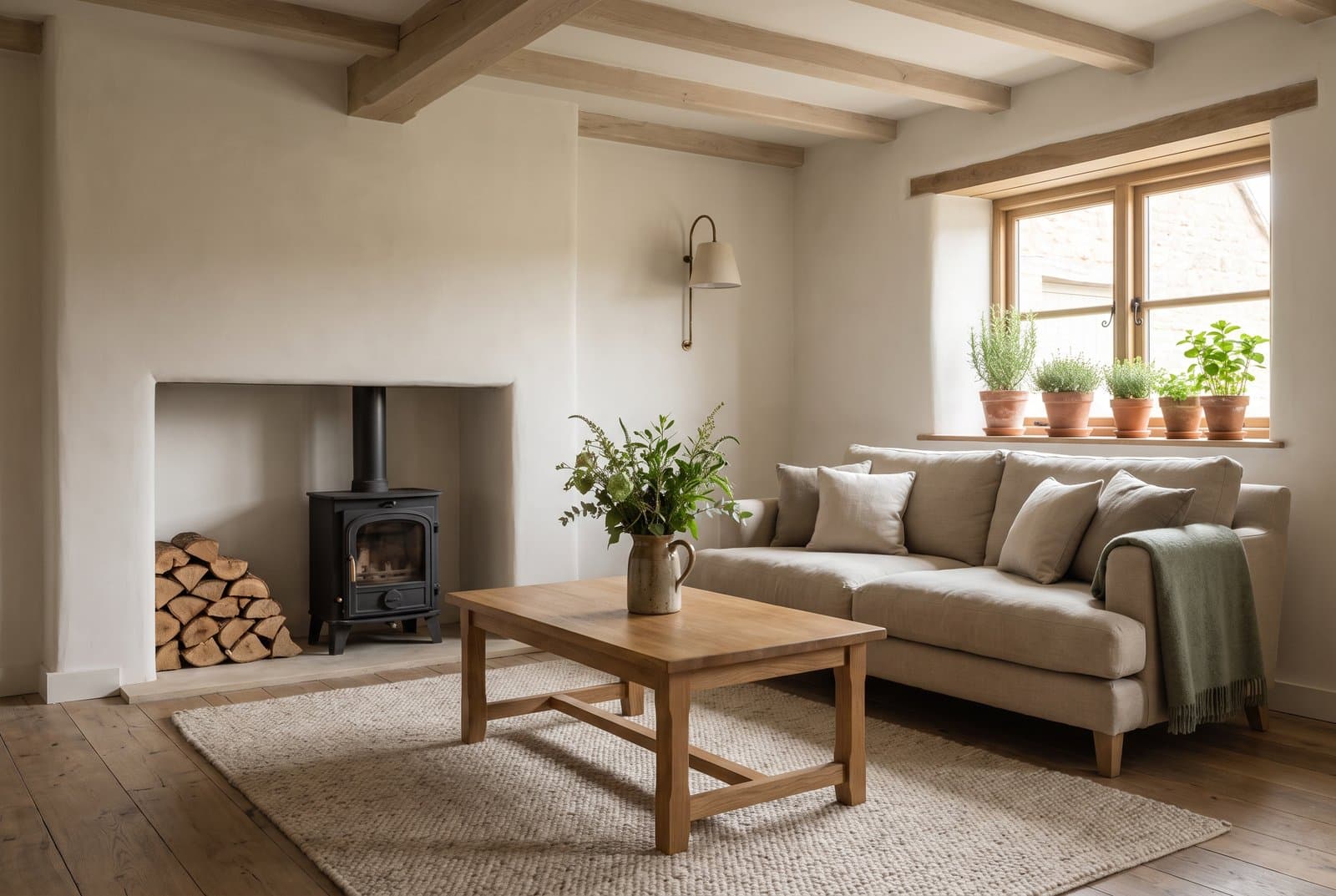 Concept visual of a modern farmhouse snug with limewashed walls, pale oak beams, a wood-burning stove with stacked logs, an oatmeal linen sofa with a sage throw, an oak coffee table with a jug of foliage, a wool rug and herbs in terracotta pots on the windowsill