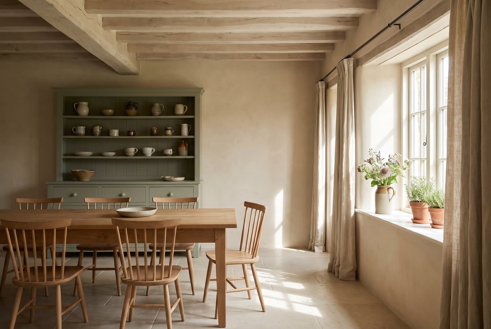 Concept visual of a calm farmhouse kitchen-dining room with limewashed walls, pale oak beams, a long oak table with spindle chairs, a sage green dresser of stoneware, linen curtains and herbs in terracotta pots on a deep windowsill