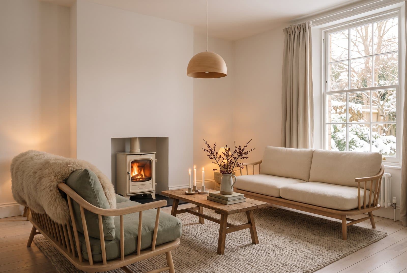 Concept visual of a Scandinavian living room on a winter afternoon, with soft white walls, pale floorboards, a pale wood armchair with a sheepskin and a sage cushion, a cream wood-burning stove, candles on a low wooden table, a wool rug and a snowy garden through a tall window