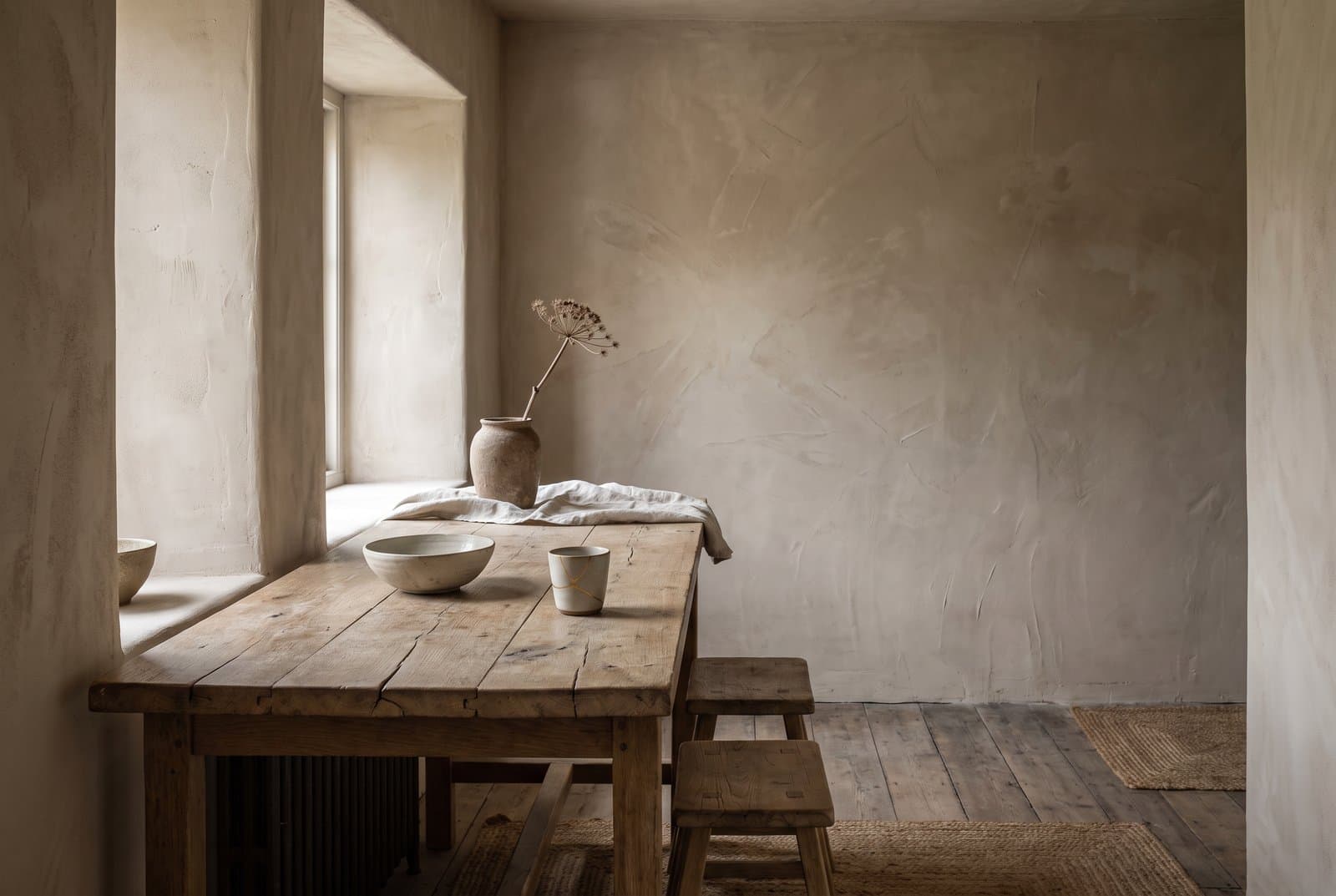 Concept visual of a wabi-sabi dining corner with hand-finished clay plaster walls, a worn oak table with natural cracks, simple wooden stools, a hand-thrown stoneware bowl, a cup mended with a gold seam, a dried seed head in a rough clay vase and soft light from a deep window