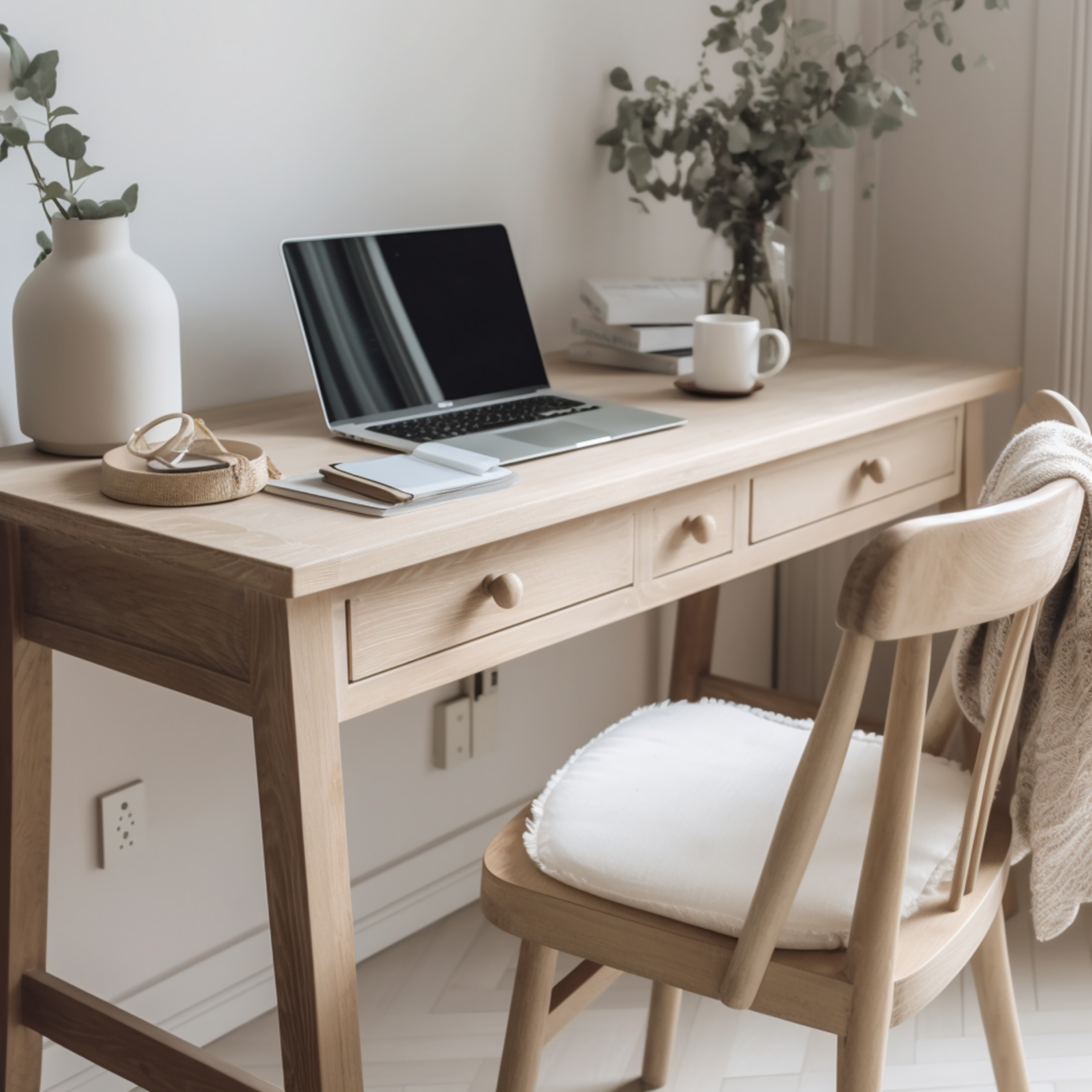 Beige desk with plants in calm workspace
