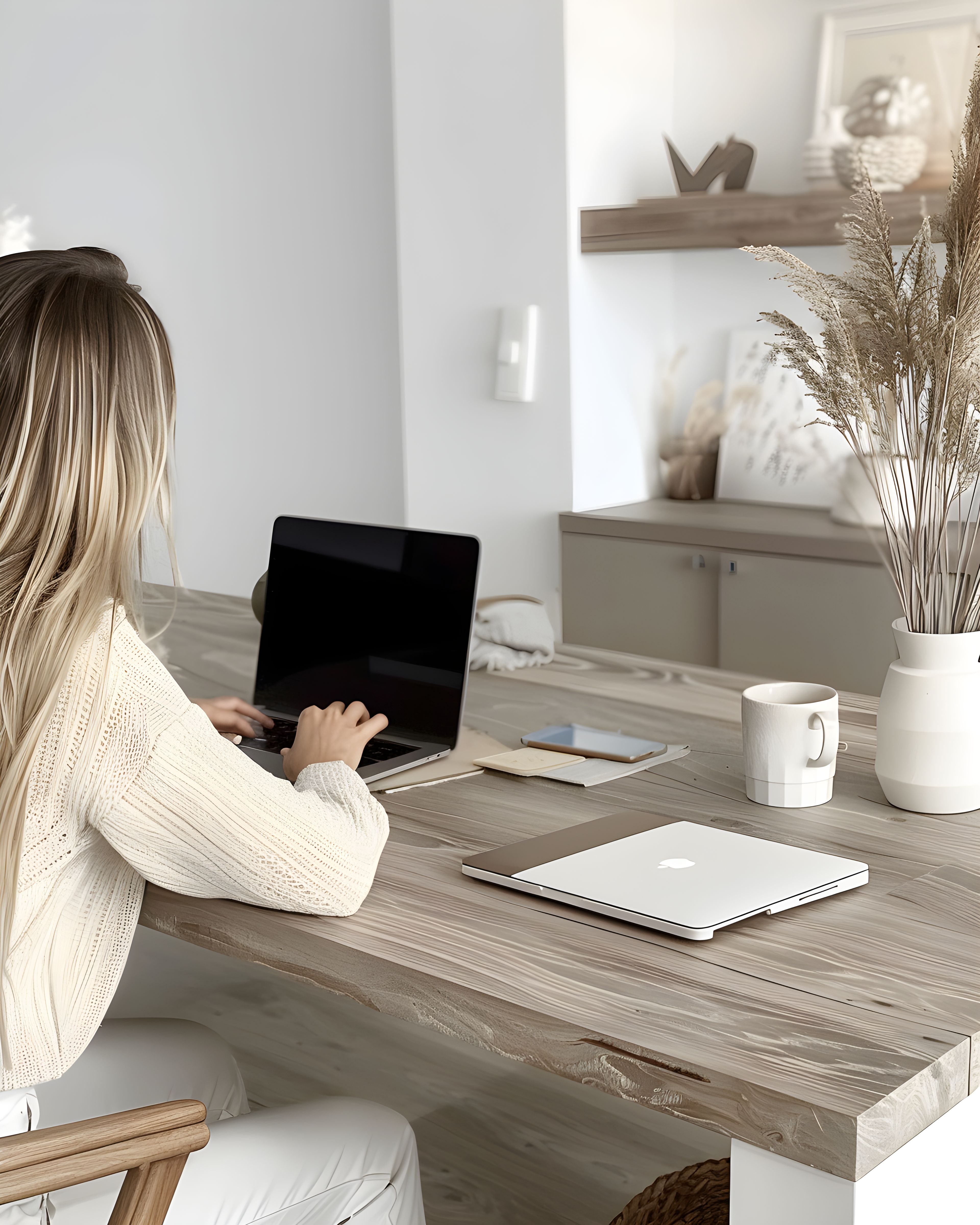 Blonde woman in grey home office