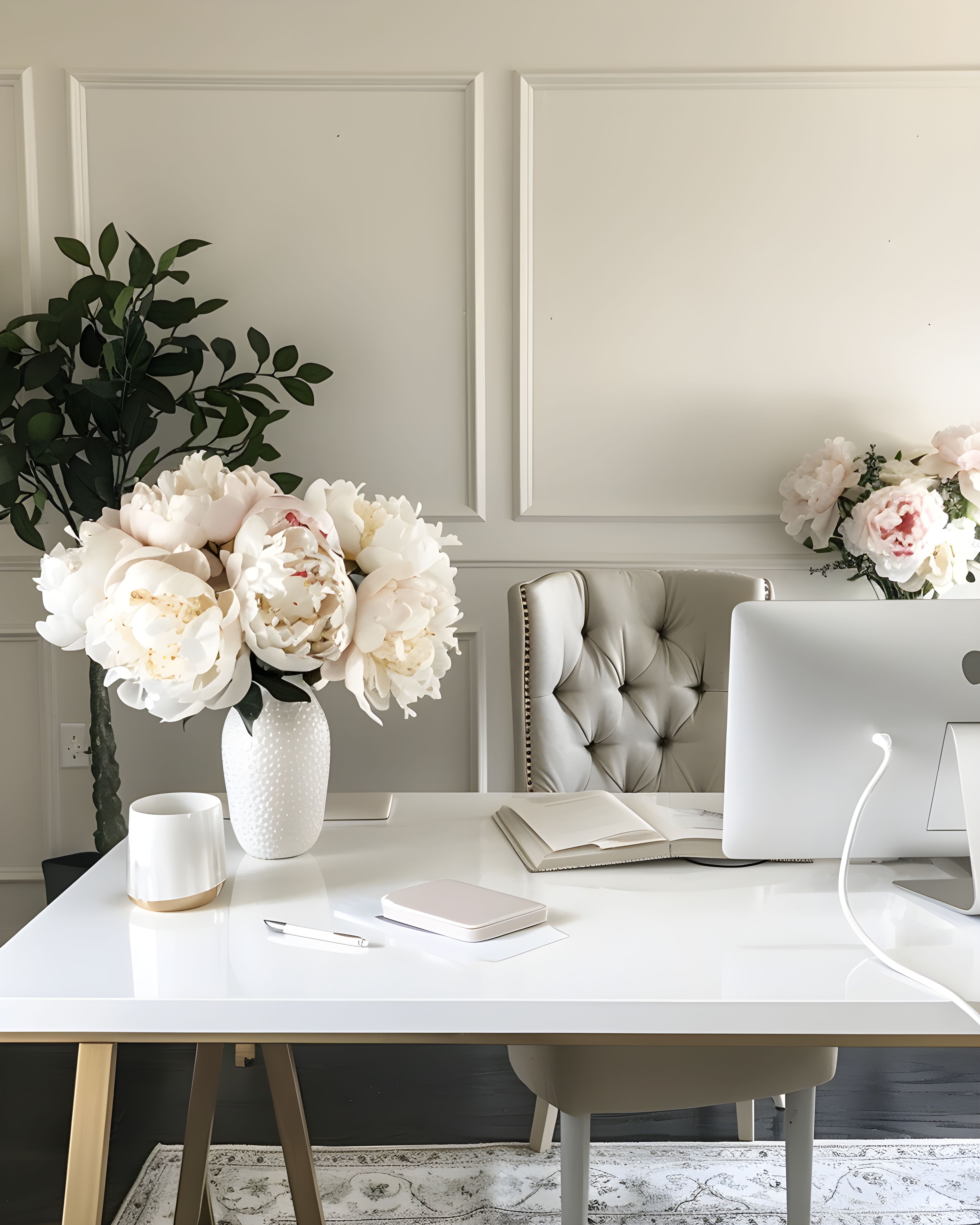 Soft neutral office scene with branding and stationery elements