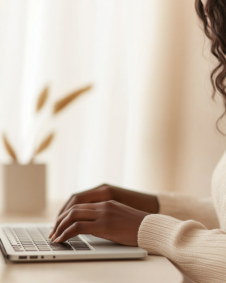Golden light — woman typing at desk