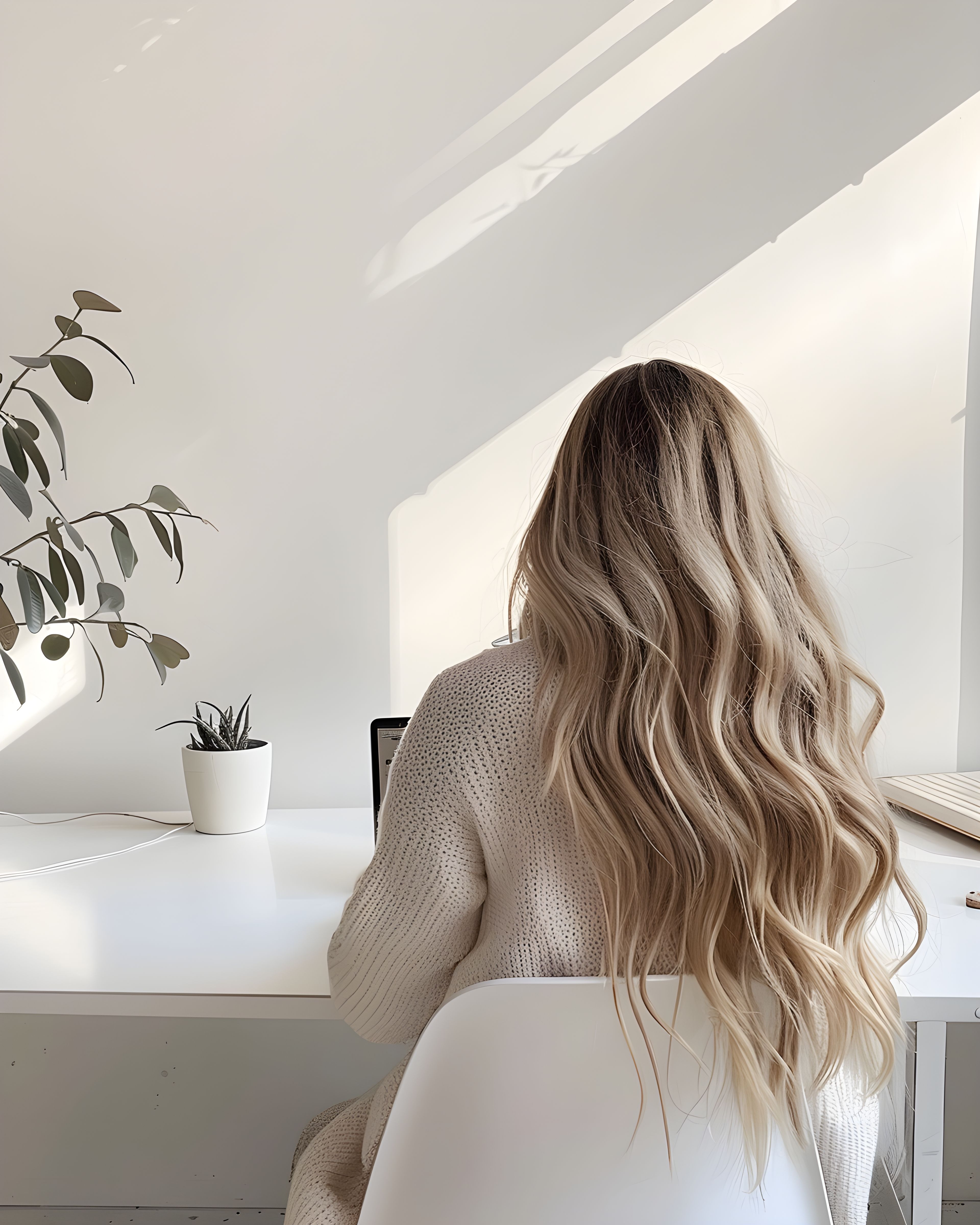 Woman at a calm desk with laptop and branding materials