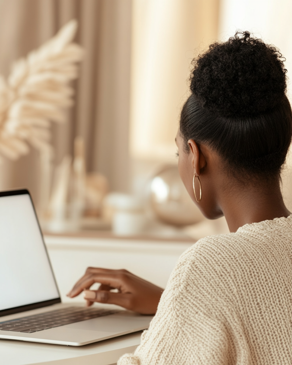 Woman with laptop in neutral space