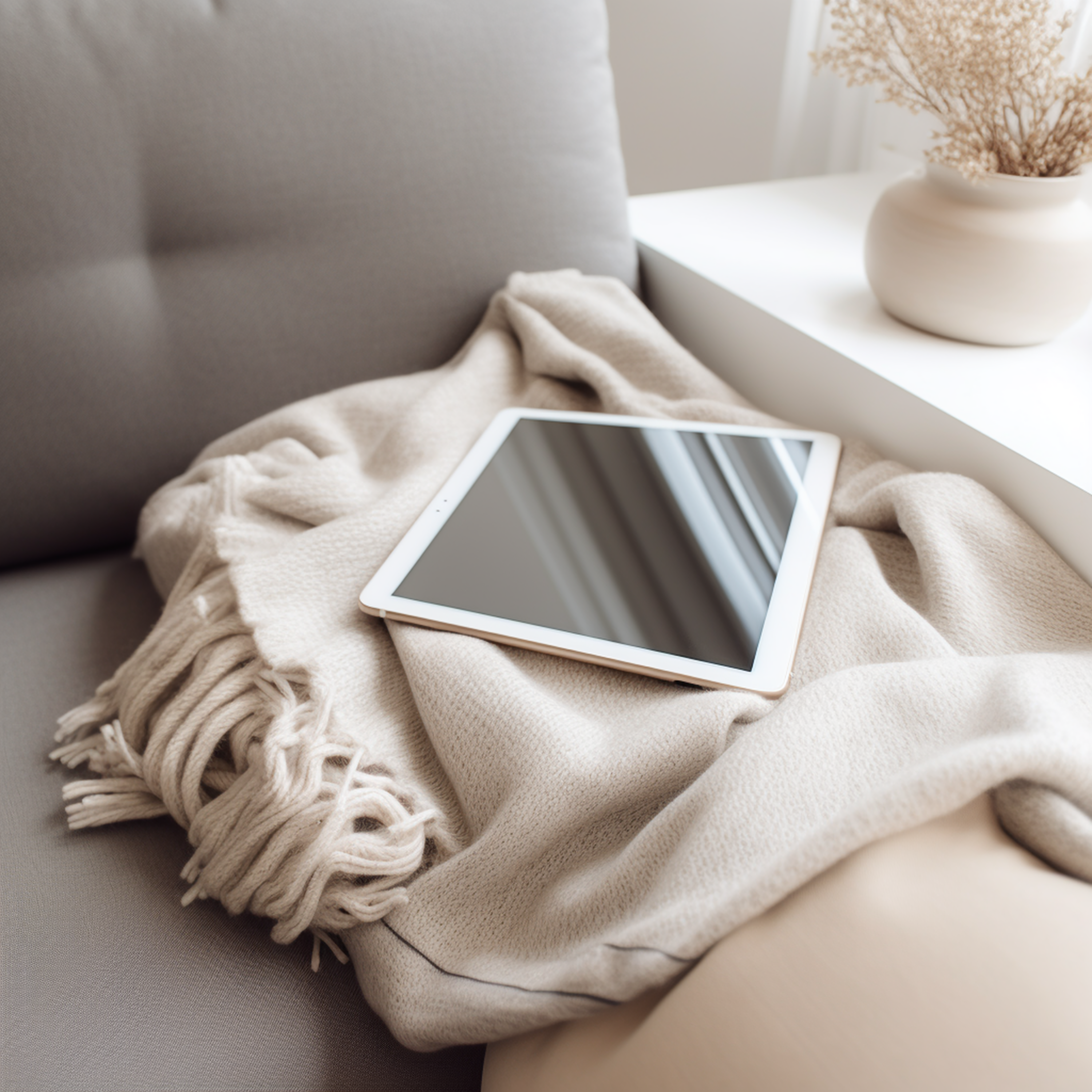 Neutral laptop on cream throw