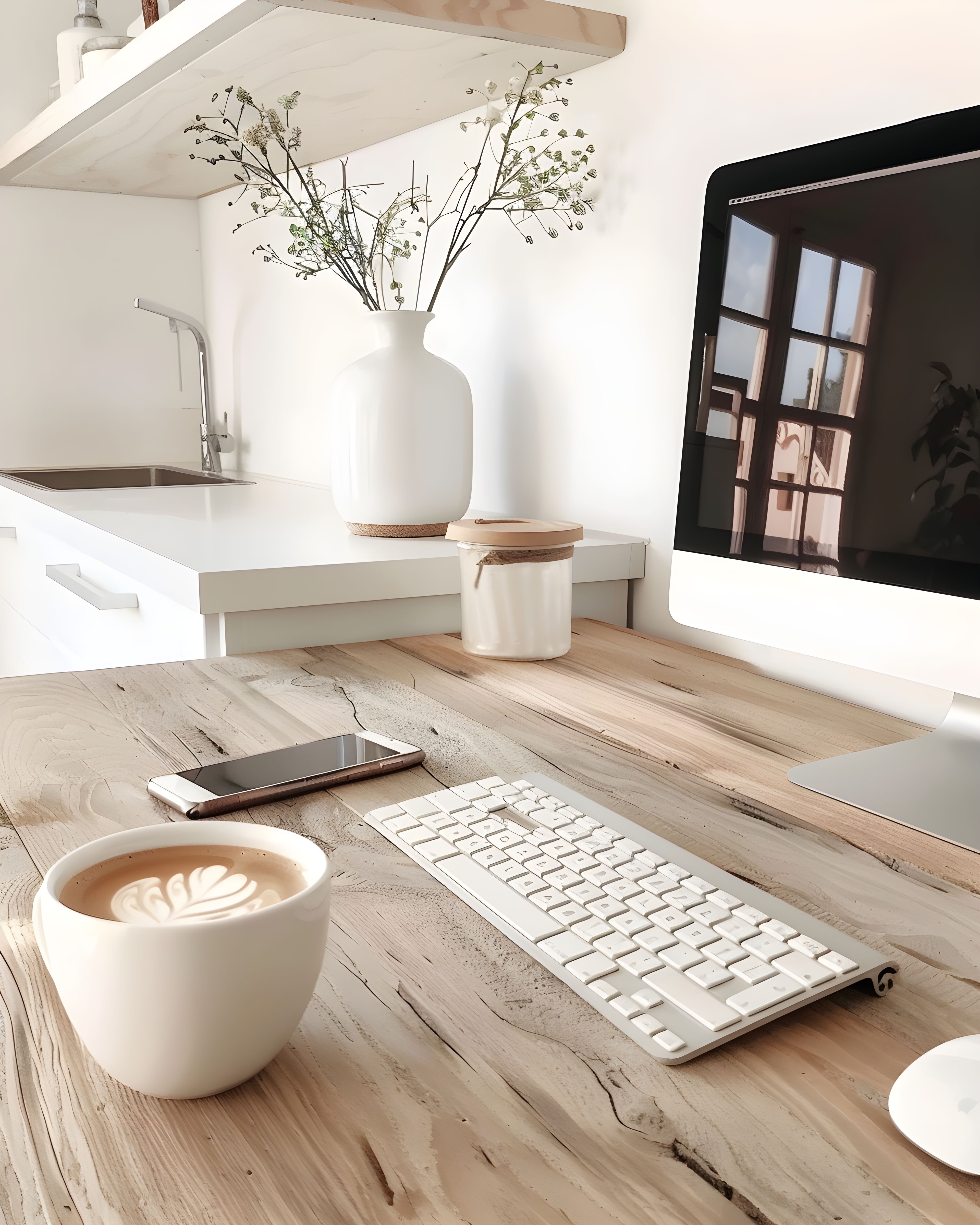 Calm workspace with wooden desk, coffee and computer