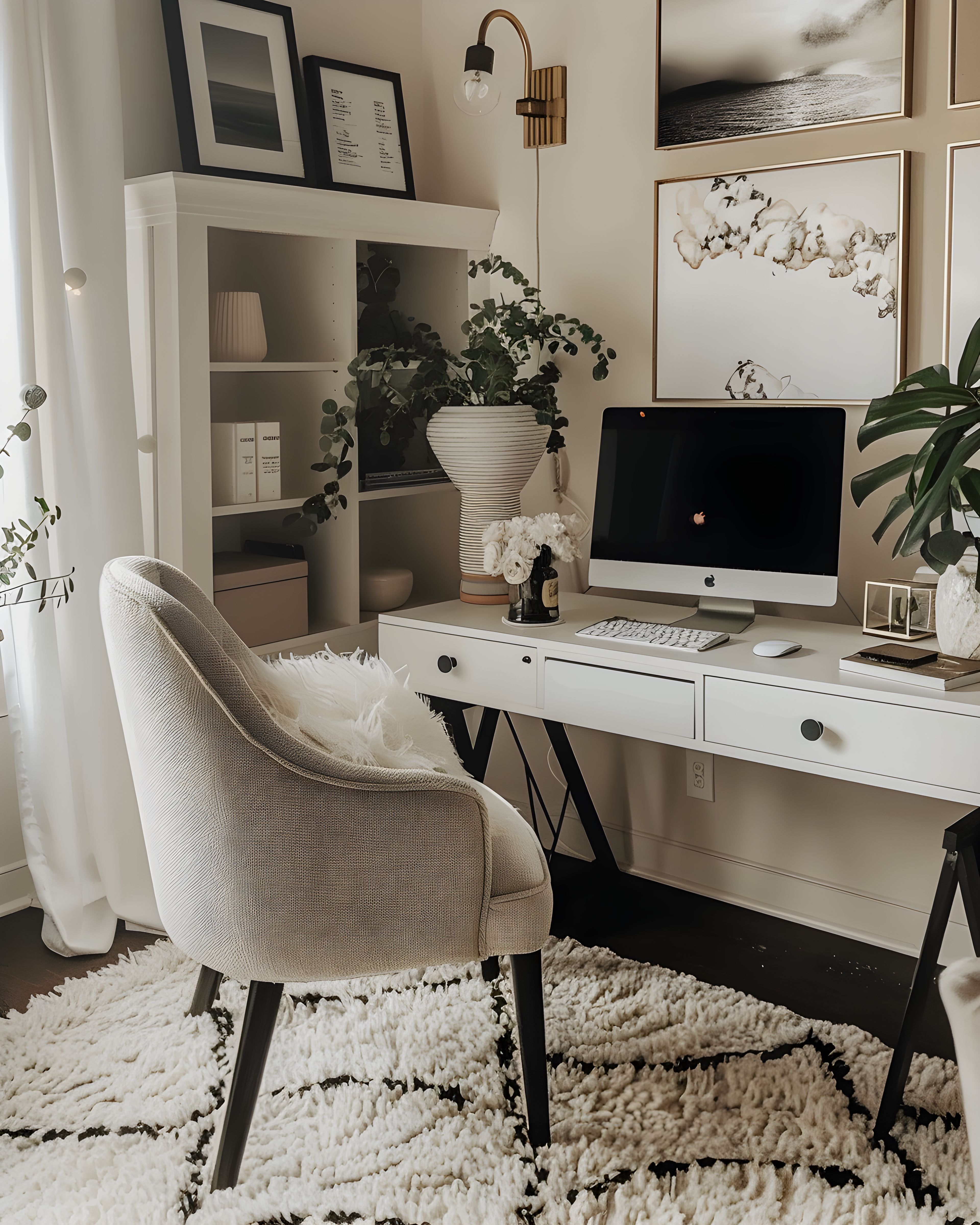 Calm workspace with soft light and branding elements on a desk